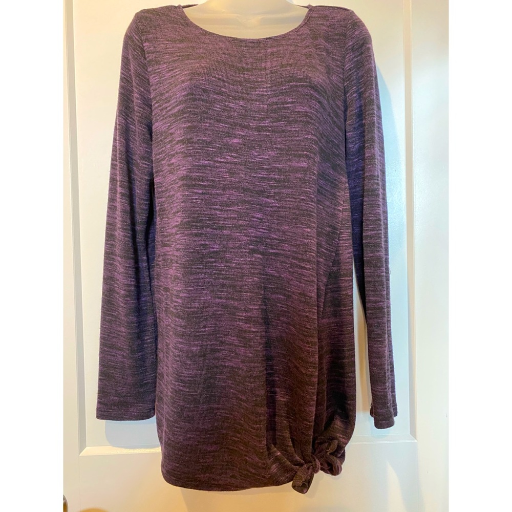 purple and black side tie, asymmetrical sweater